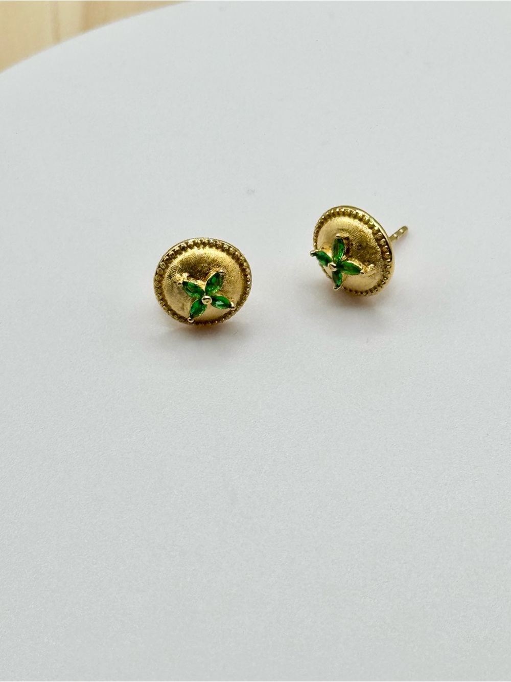 Gold Over Sterling Silver Round Earrings with Green Moissanite Floral Accents